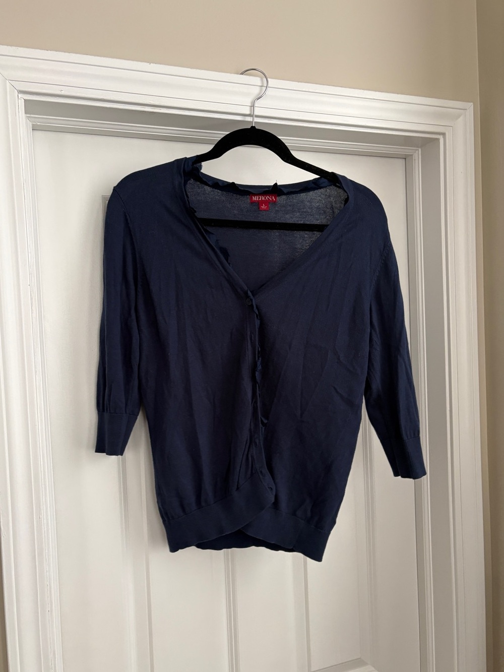 Merona Ruffle Quarter Sleeve Navy Button Cardigan Women’s Large Cotton Preppy